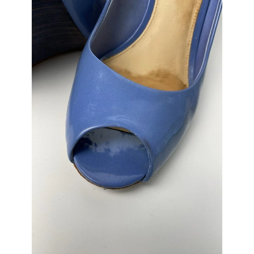 Coach Women’s Blue Patent Open Toe Wedge Heels 8 B - Picture 2 of 10